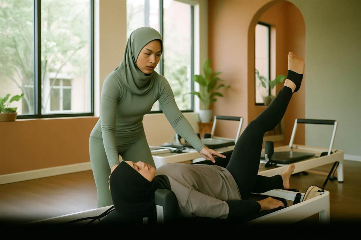 Instruktur mendampingi klien di reformer SATSETPILATES